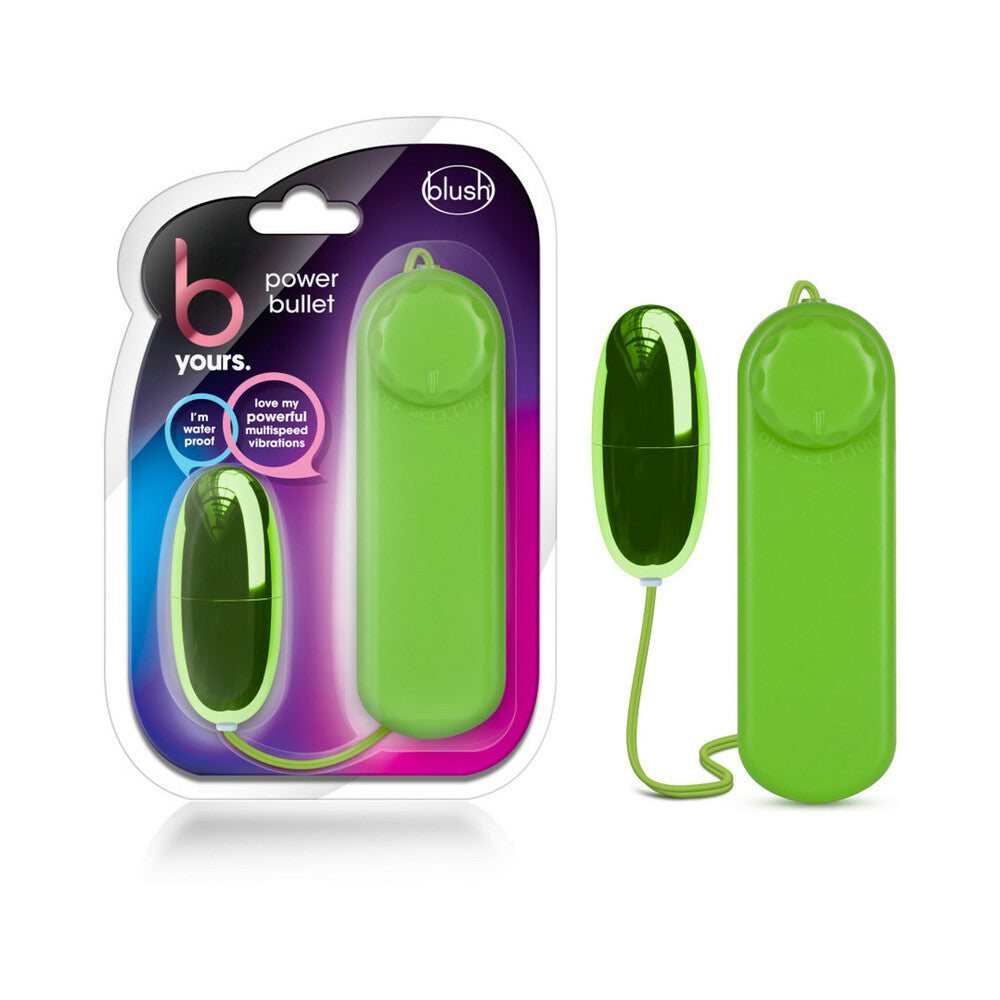 B Yours Power Bullet remote-controlled green egg vibrator with silver power and strong vibration in packaging and out