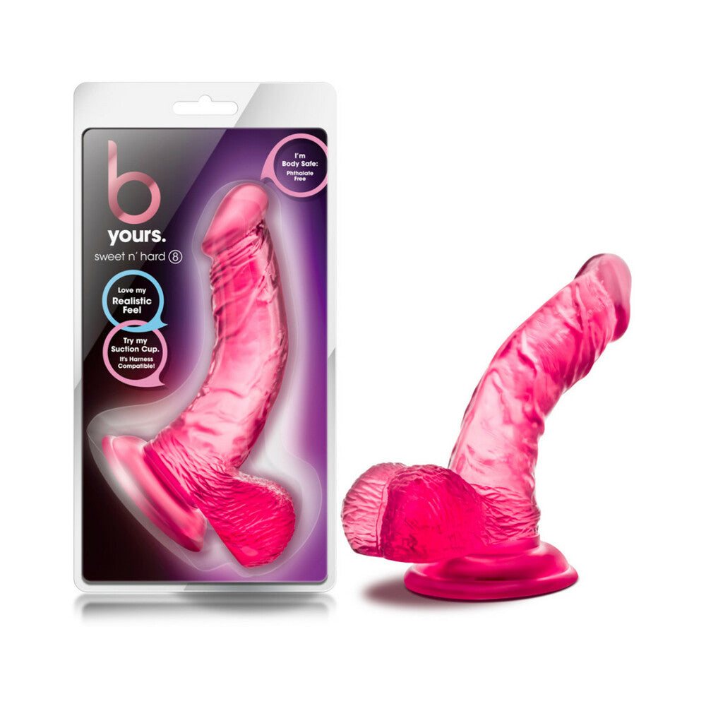 Pink B Yours Sweet 'n Hard 6.5 inch realistic dildo with suction cup base and balls in packaging and out of package