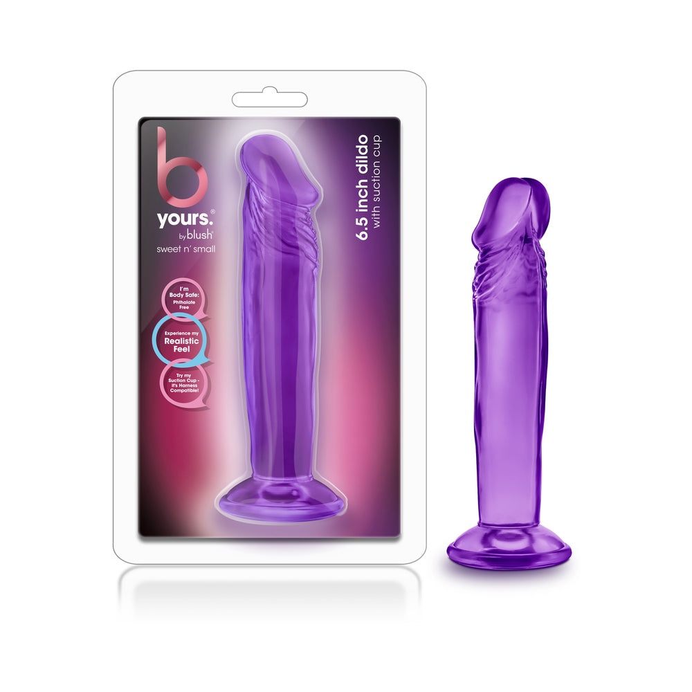 B Yours Sweet n' Small 6.5 inch purple dildo with suction cup base, realistic design, and body-safe soft PVC material.
