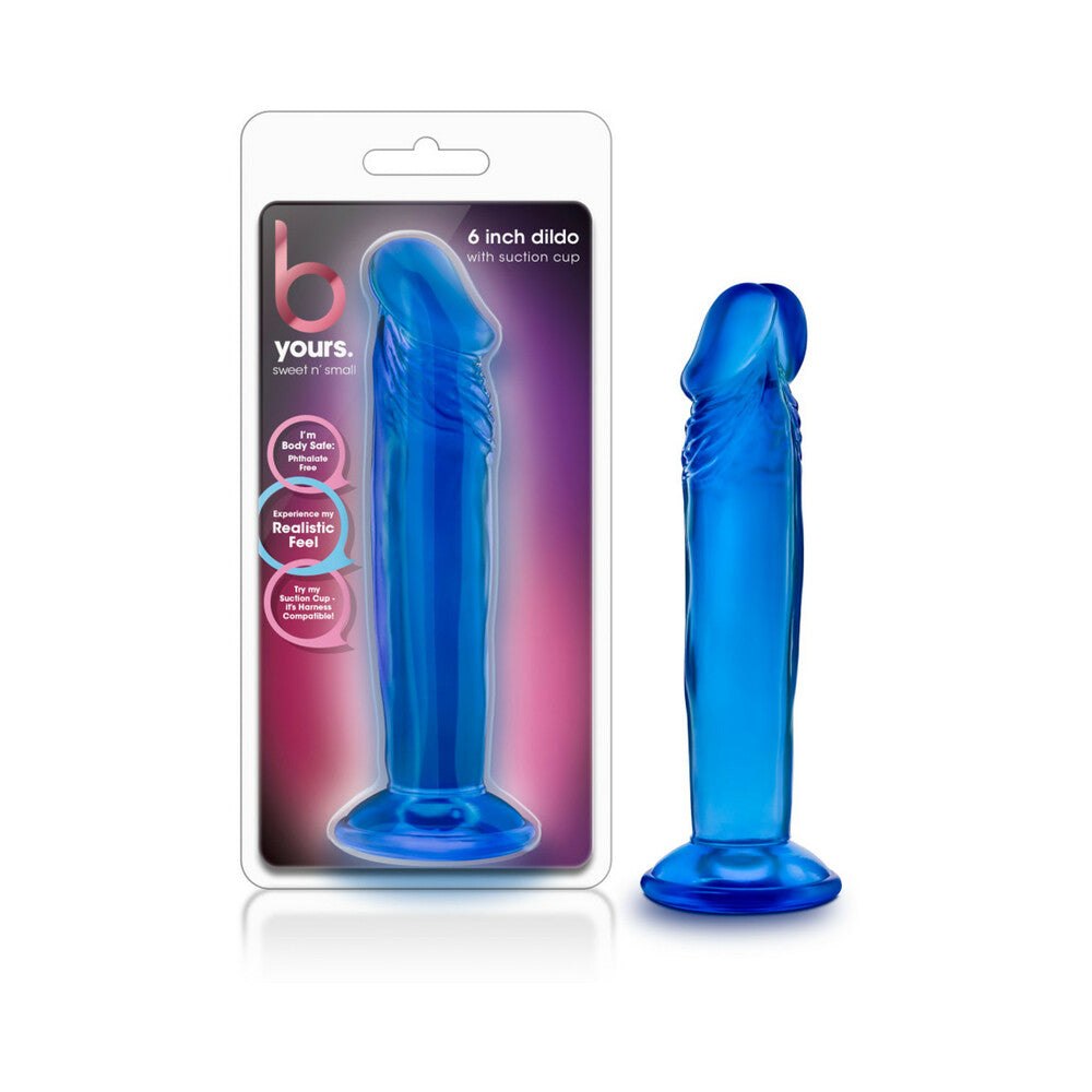 Blue 6-inch Sweet n' Small dildo with suction cup base in packaging and out of package.
