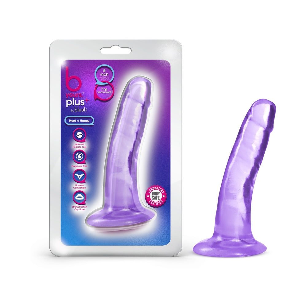 B Yours Plus Hard n' Happy 5 inch purple translucent dildo with suction cup base, ultrasoft texture, and harness compatible design