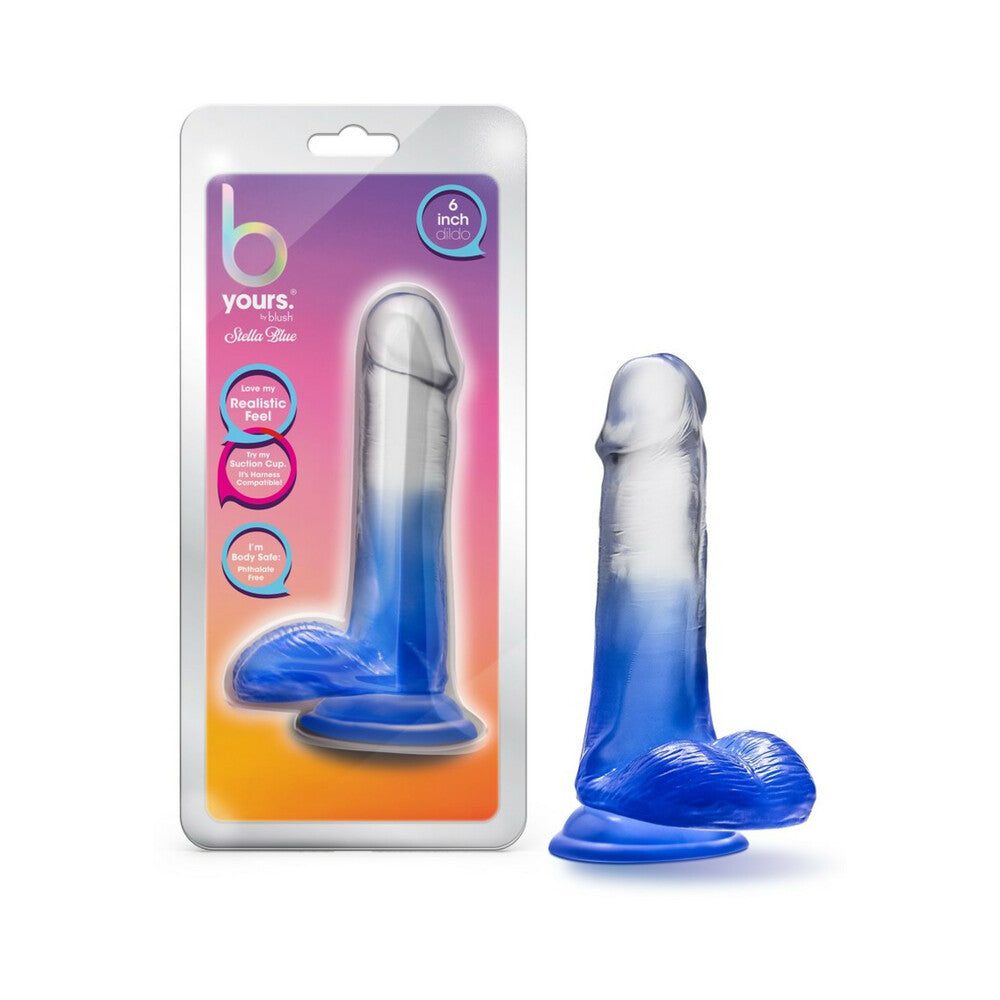 B Yours Stella Blue 6 inch blue dildo with suction cup base and realistic design with balls