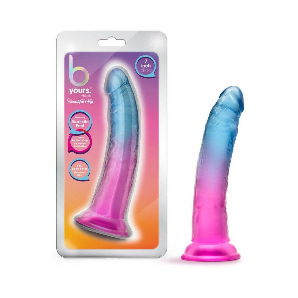B Yours Beautiful Sky 7-inch dildo with sunset gradient, realistic feel, and suction cup base for hands-free use