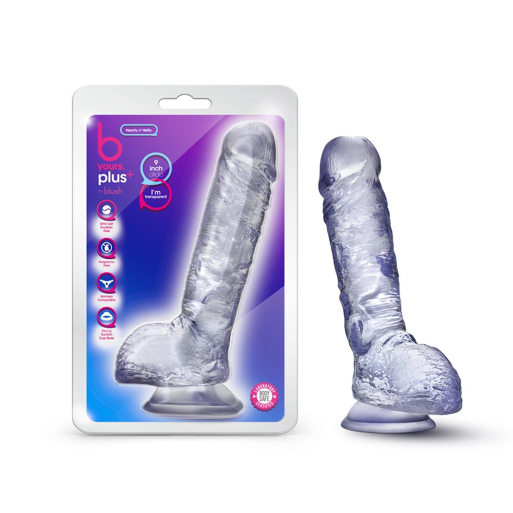 Clear 9-inch B Yours Plus Hearty n' Hefty dildo with suction cup base and balls