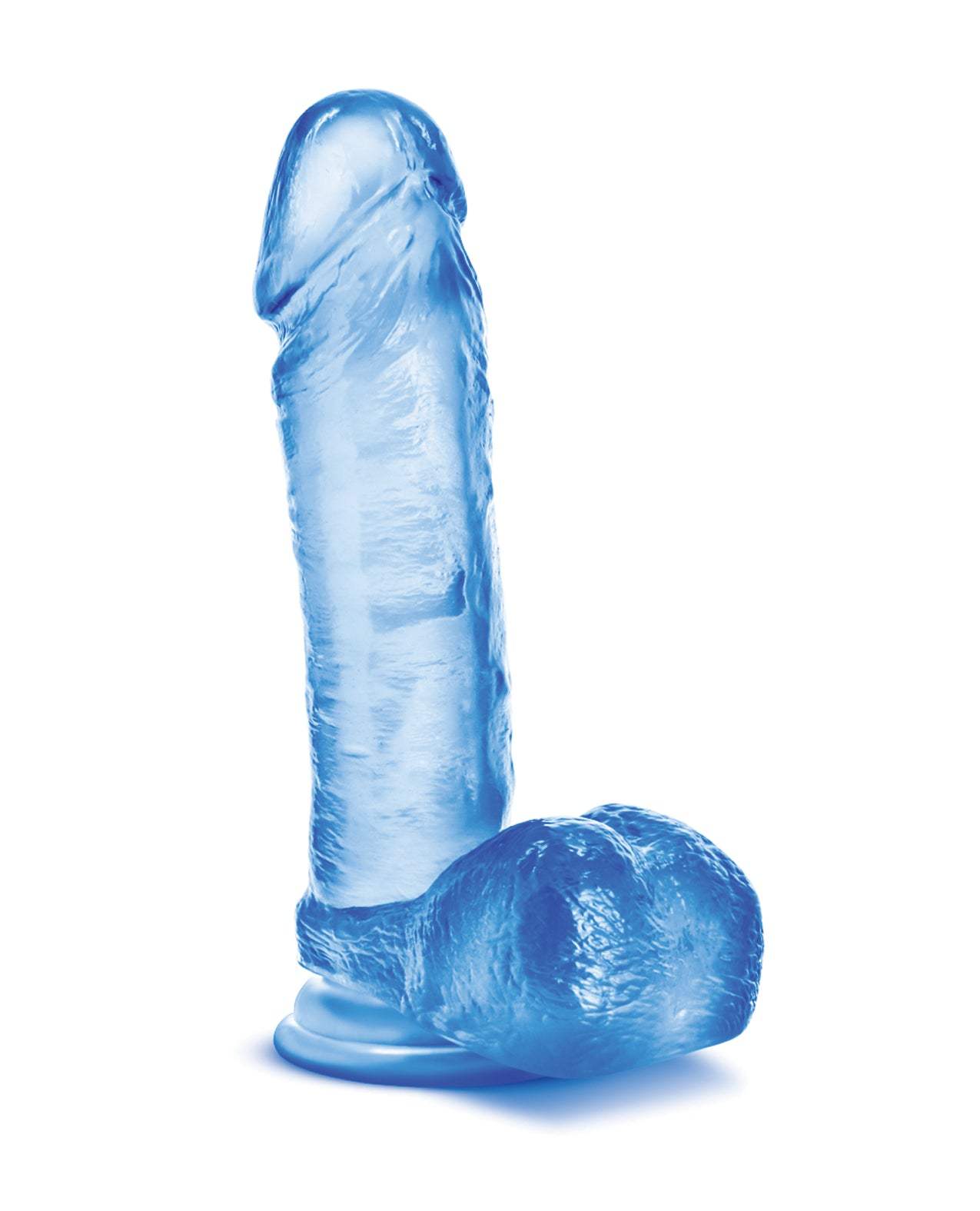 Blue transparent 7-inch B Yours Sweet N Hard dildo with realistic texture and suction cup base