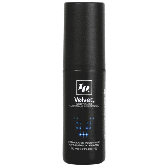 ID Velvet Silicone Lubricant 50ml black bottle, long-lasting silicone-based personal lubricant, waterproof and latex compatible