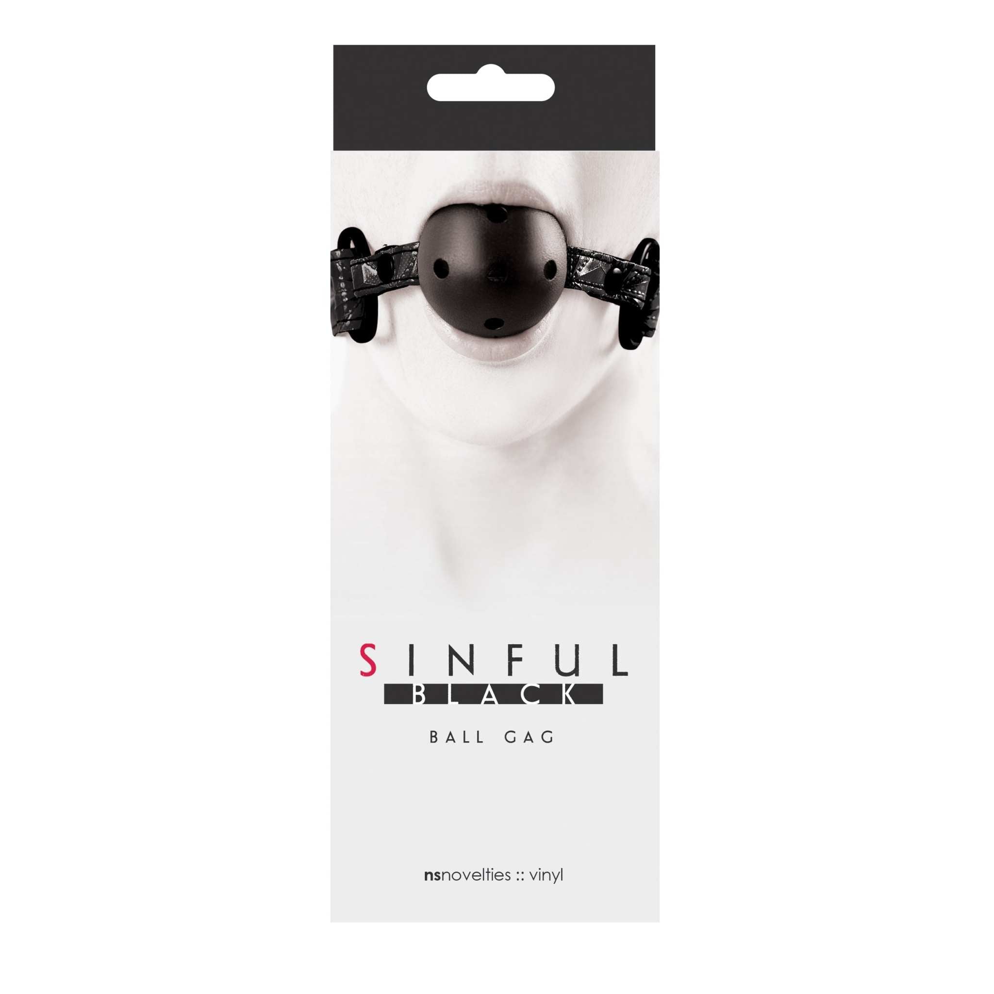 Sinful Vinyl Ball Gag in black with embossed vinyl and nickel-free hardware for comfort and style.