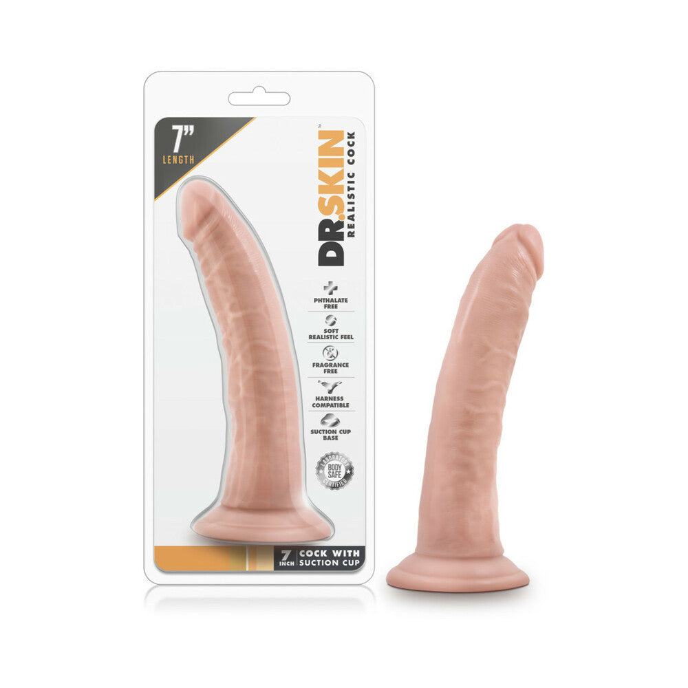 Beige Dr. Skin Realistic 7-inch dildo with suction cup base, lifelike design, and soft non-porous PVC material for versatile intimate use.