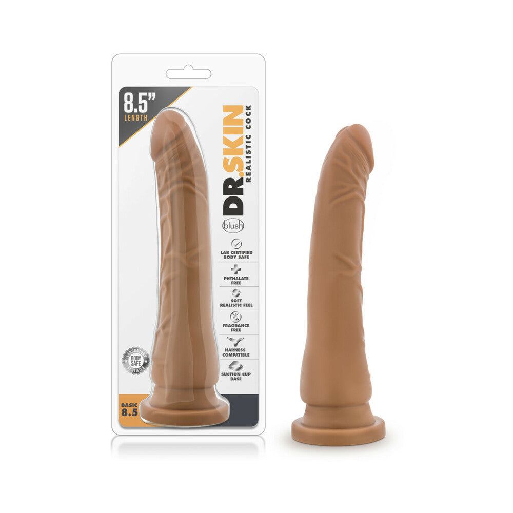 Tan Dr. Skin Basic 8.5 inch realistic dildo with suction cup base and slight curve for targeted pleasure