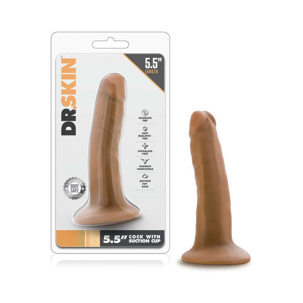 Dr. Skin Realistic 5.5 inch tan dildo with suction cup base for hands-free use, made from body-safe PVC, harness compatible, and designed for a soft, realistic feel.