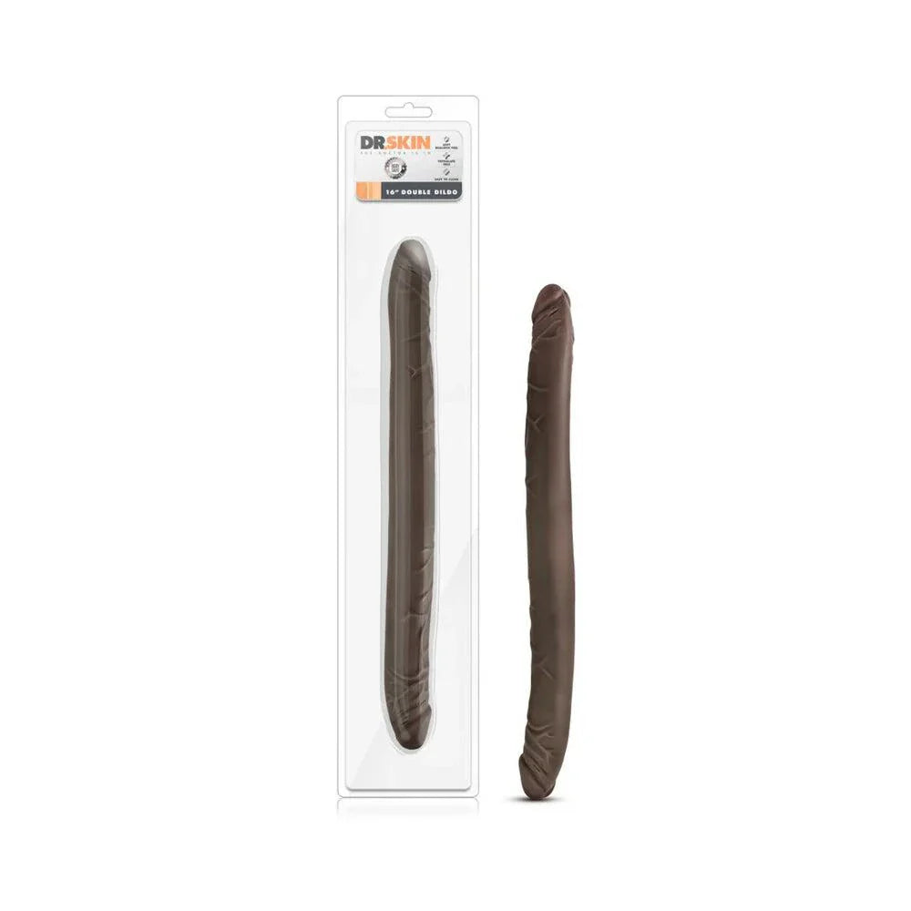 Dr. Skin 16 in. double-ended brown dildo with lifelike texture and realistic design in clear packaging.
