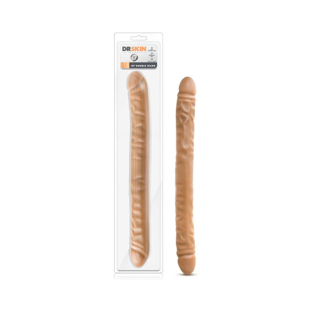 Dr. Skin 18 in. double-ended tan dildo with realistic texture and smooth body-safe PVC material.
