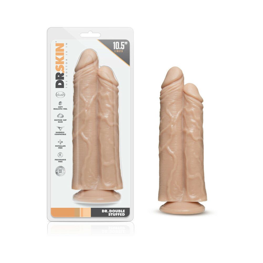 Beige double shaft dildo with realistic texture and suction base, 10.5 inches long, body-safe material.