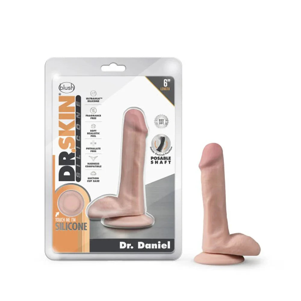Dr. Skin Silicone realistic 6-inch posable dildo with suction cup base and balls in beige.