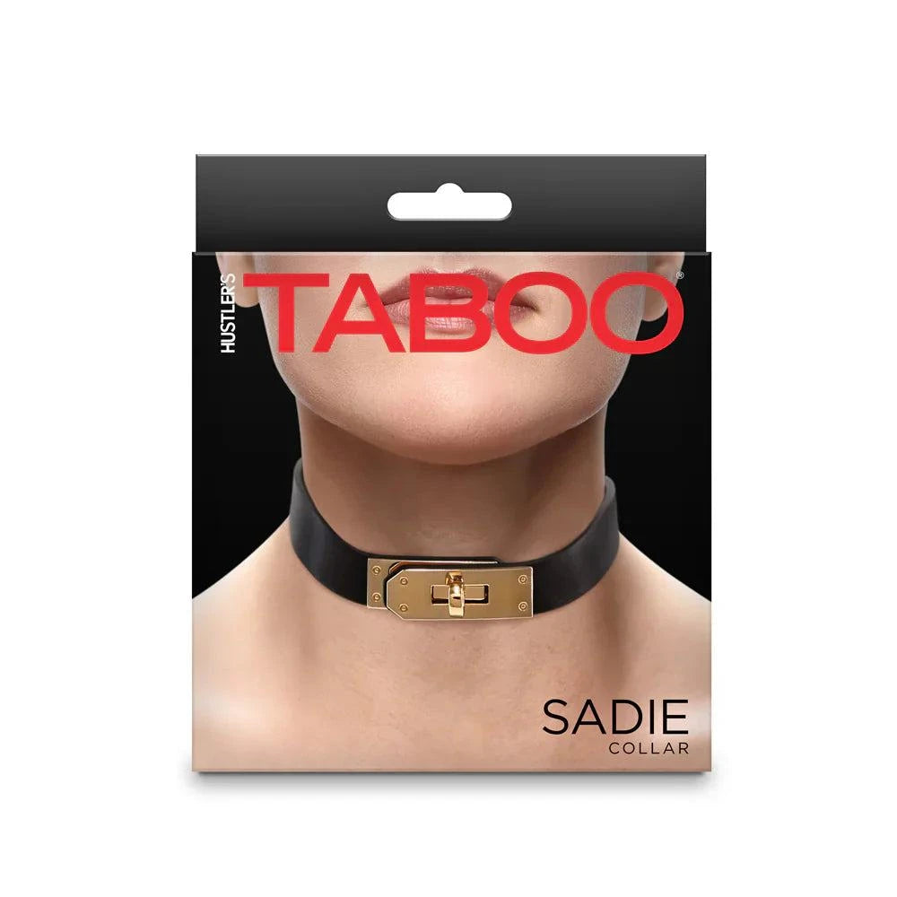 Hustler Taboo Sadie Collar in black with gold buckle, adjustable fit for 11.5 to 16.5 inch necks, stylish and durable PU material.