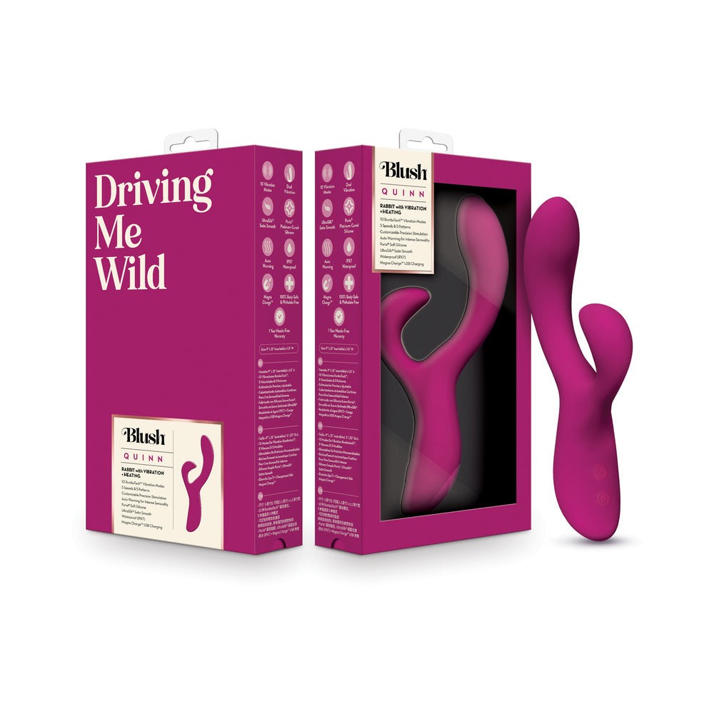 Burgundy Blush Quinn Rabbit Vibrator with dual stimulation, 10 vibration modes, auto-warming, waterproof, and USB rechargeable.