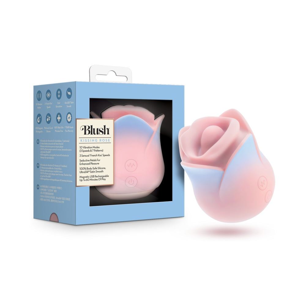 Blush Collection Kissing Rose Pink rose-shaped beauty device with packaging in soft pink and blue tones