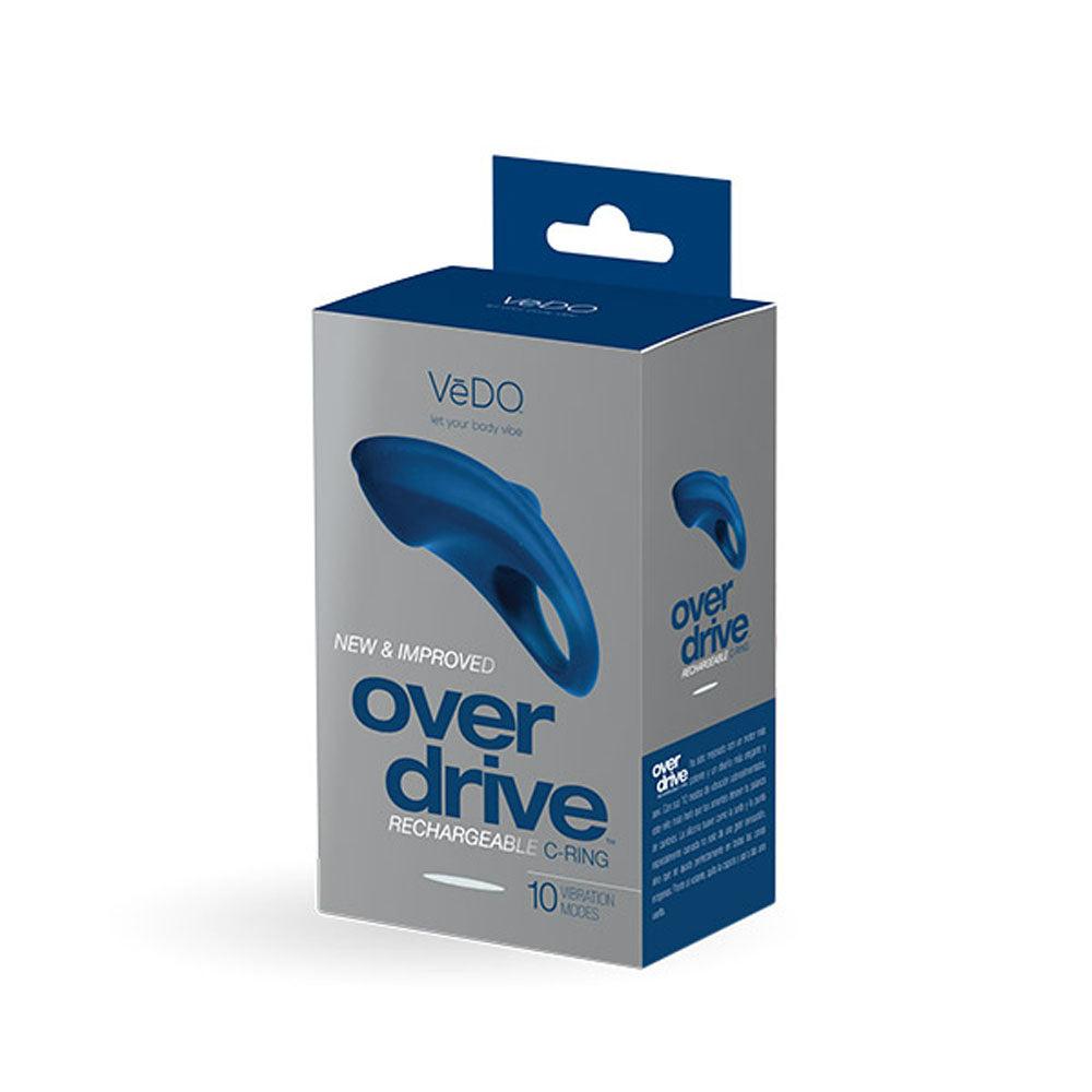 Over Drive Plus Rechargeable Cock Ring in blue with 10 vibration modes and smooth silicone design in packaging box