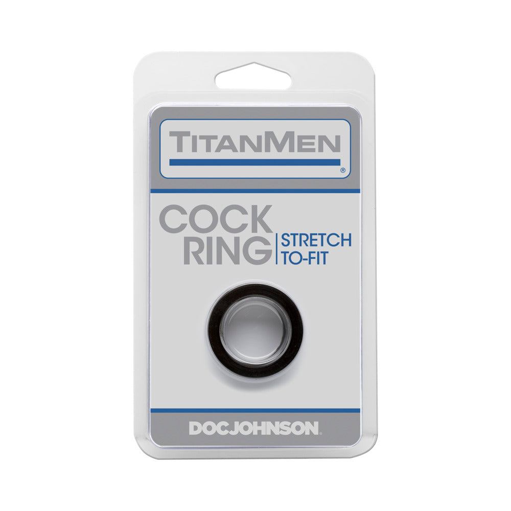 TitanMen black stretch-to-fit cock ring made of phthalate-free TPR in retail packaging