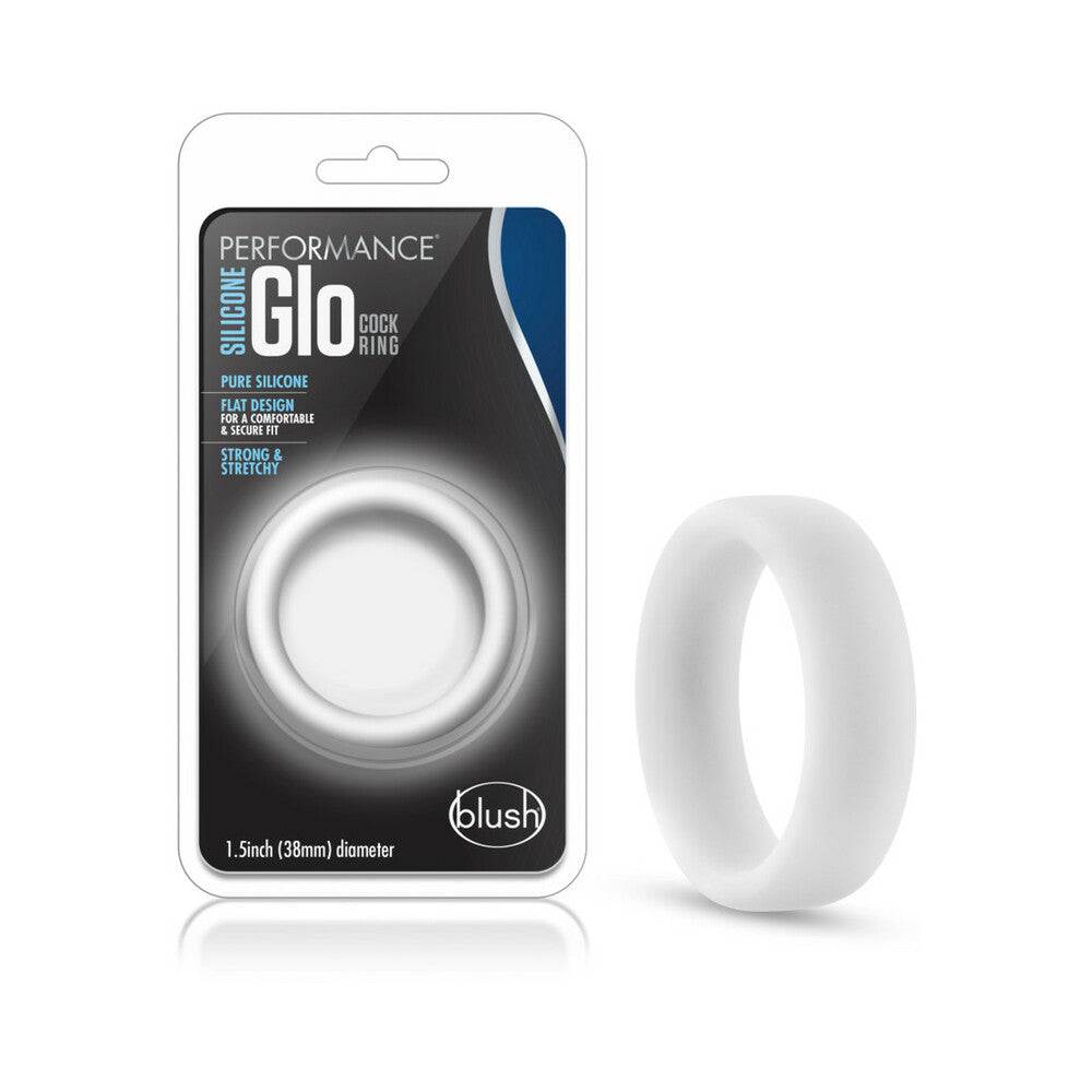 Performance Silicone Glo Cock Ring white glow in the dark, soft stretchy hypoallergenic silicone, flat design for no-slip fit, 1.5 inch diameter