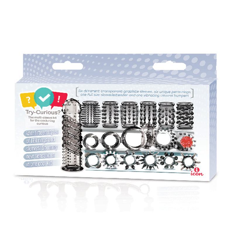 Try-Curious Cock Ring and Sleeve Set with 15 textured TPR pieces including vibrating and spiked C-rings and sleeves for enhanced pleasure