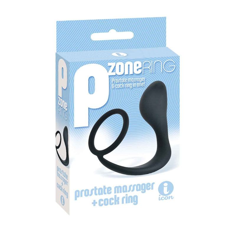 The 9's P-Zone Cock Ring prostate massager and adjustable cock ring in black with packaging
