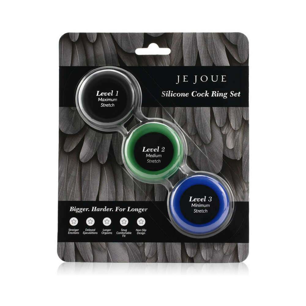 Je Joue Silicone Cock Ring 3-piece set in black, green, and blue with progressive stretch levels for enhanced sensation and prolonged pleasure.
