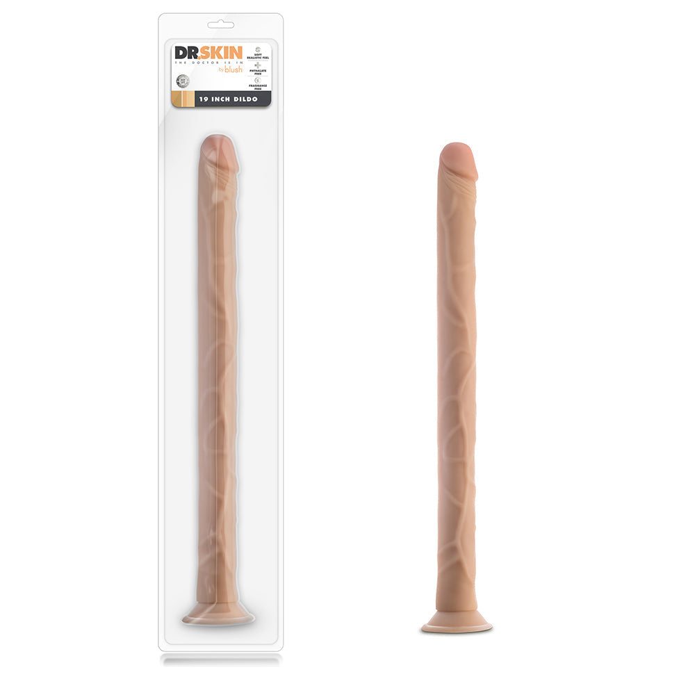 Dr. Skin 19 inch beige dildo with realistic texture and suction cup base for hands-free use