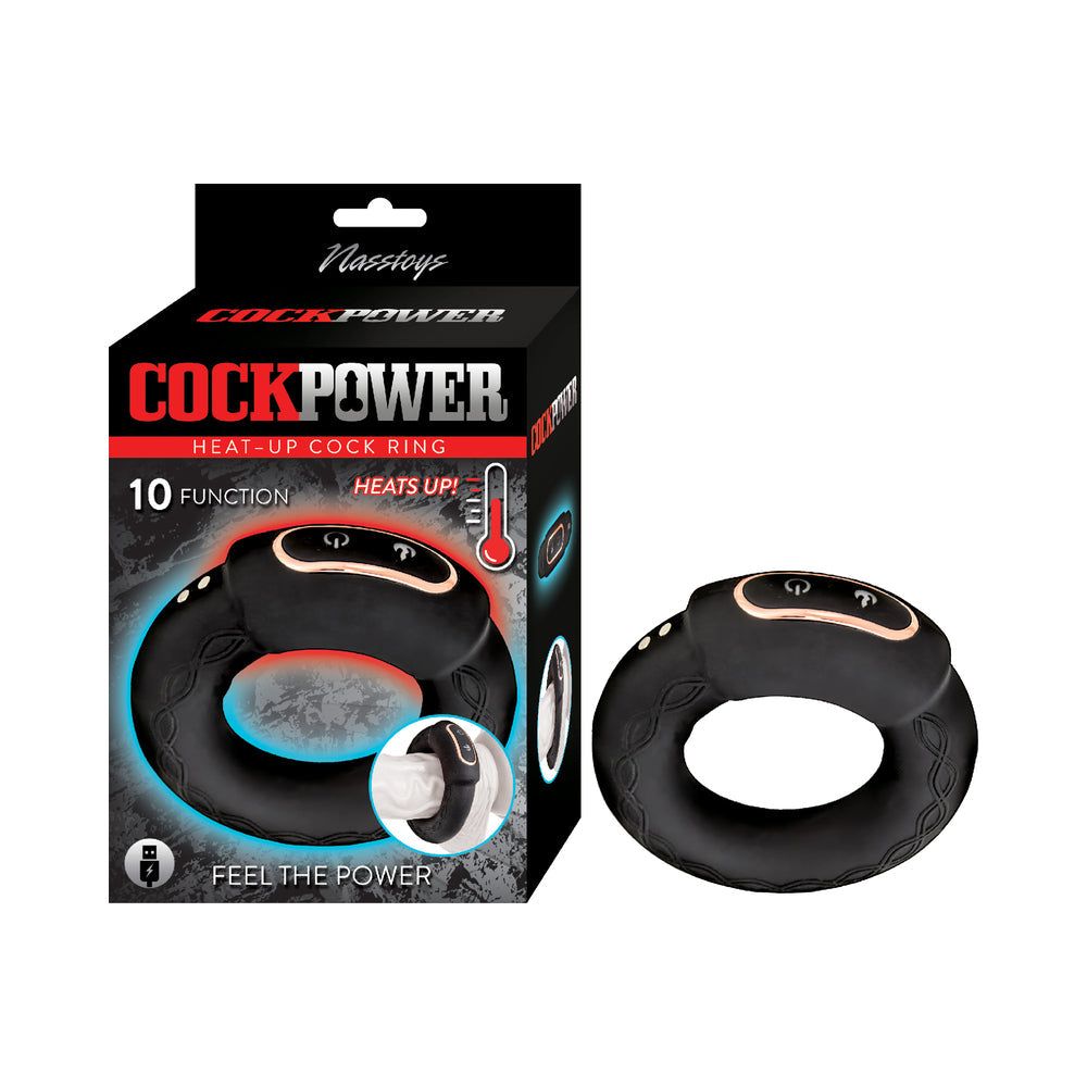 Nasstoys Cock Power Heat-Up Cock Ring in black with 10 vibration functions, USB rechargeable, body-safe silicone, heats up for enhanced pleasure.