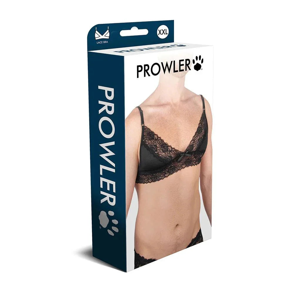 Prowler Lace Bra Black packaging featuring a model wearing a delicate black lace bra.