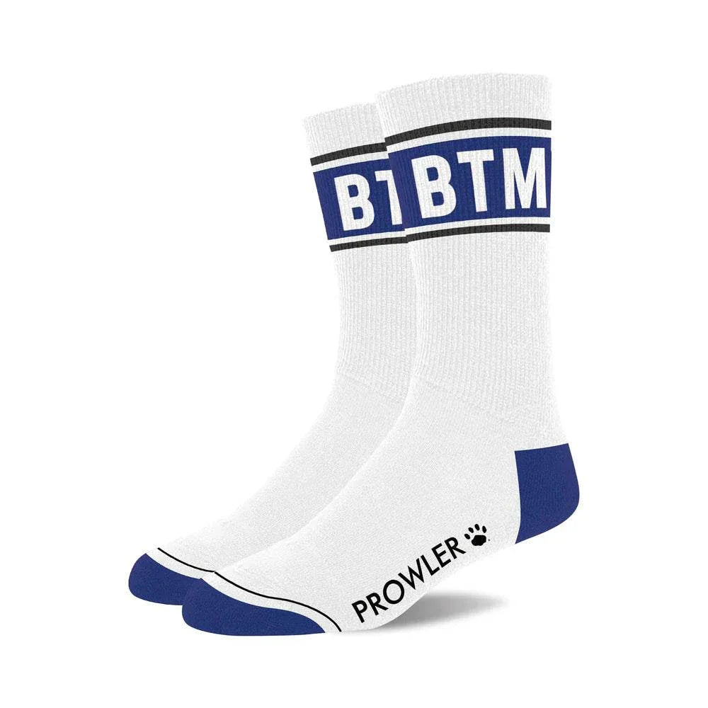 White Prowler Collection Premium themed socks with blue accents and BTM lettering, featuring reinforced heels and toes and moisture-wicking fabric.