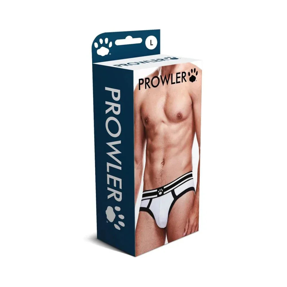 Packaging of Prowler Briefs Performance Underwear for Men showing a muscular male model wearing white briefs with black trim.