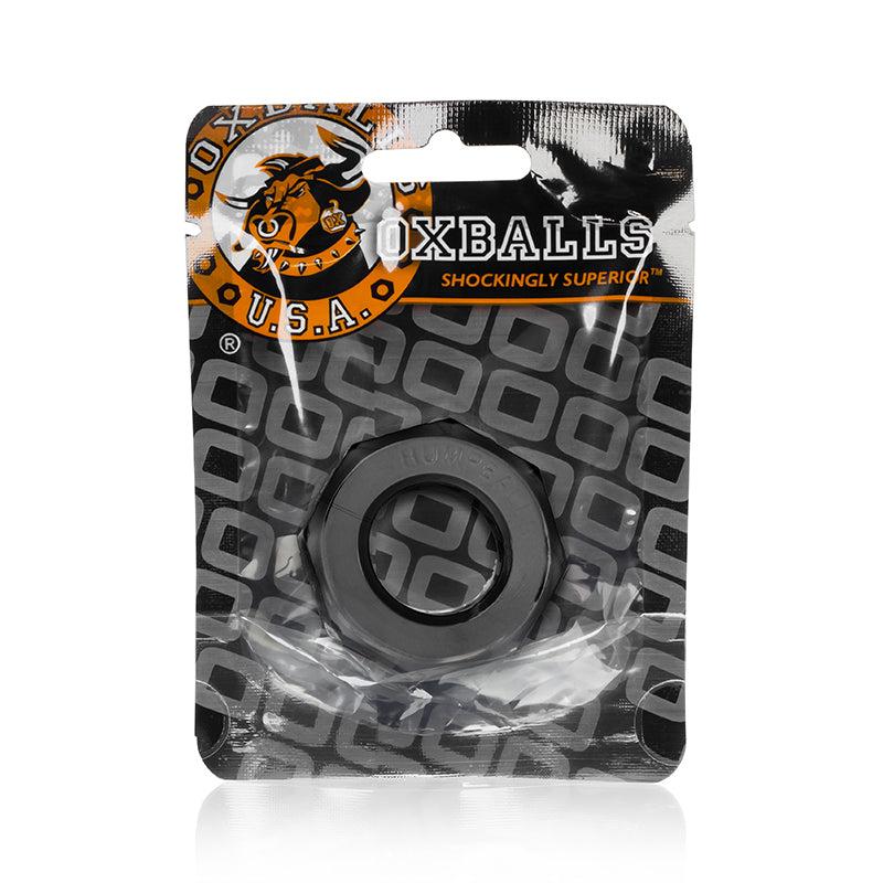 OxBalls Humpballs black cockring in packaging made from flexible SkinFlex-TPR for comfort and durability