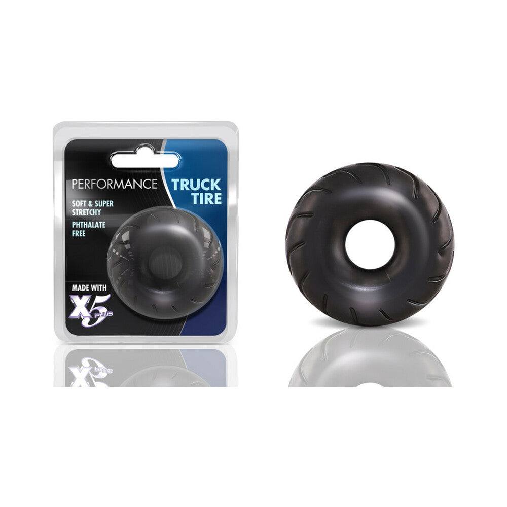 Performance Truck Tire black stretchy cock ring with soft X5 Plus material in retail packaging and alone on white background