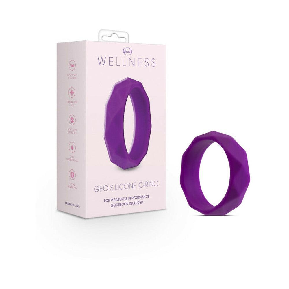 Purple Wellness Geo Silicone Cockring with geometric design and matte finish next to its retail packaging