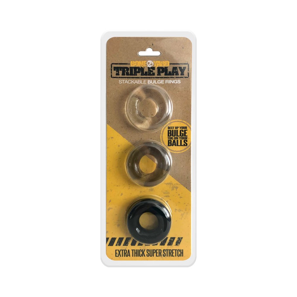 Triple Play Cock Ring three-piece stackable bulge rings kit in strong, soft, super stretchy material