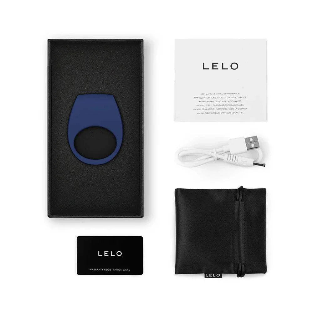 LELO TOR 3 Vibrating Cockring in blue with USB charger, carrying pouch, and user manual in black box