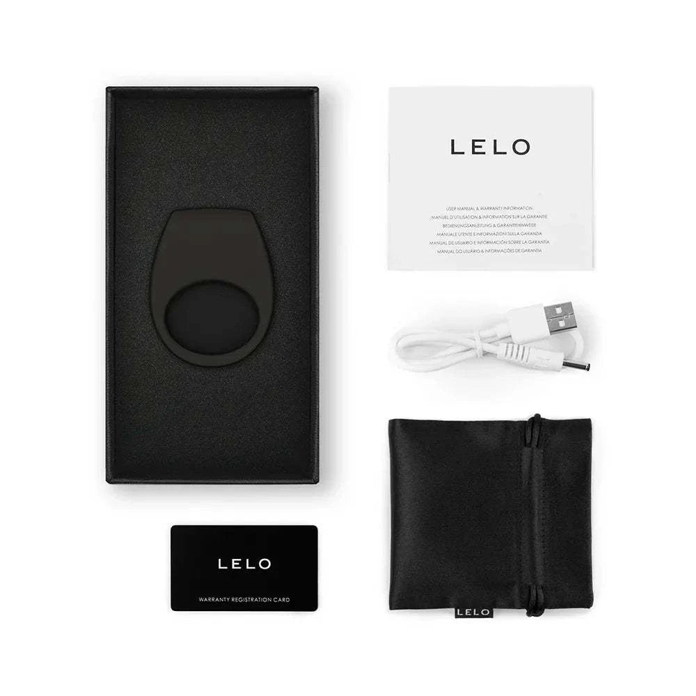 LELO TOR 3 vibrating cockring in black with USB charger, app control instructions, warranty card, and storage pouch in packaging box