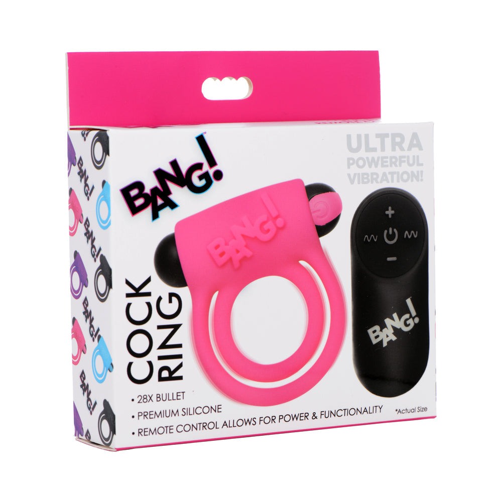 Pink BANG! silicone cock ring with bullet vibrator and remote control in packaging