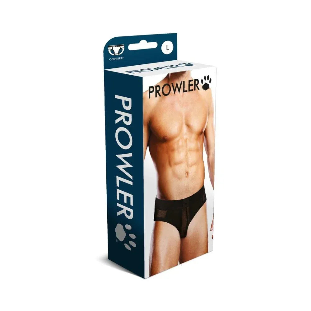 Packaging of Prowler Mesh Open Brief Black size Large showing male model wearing breathable black mesh open briefs.