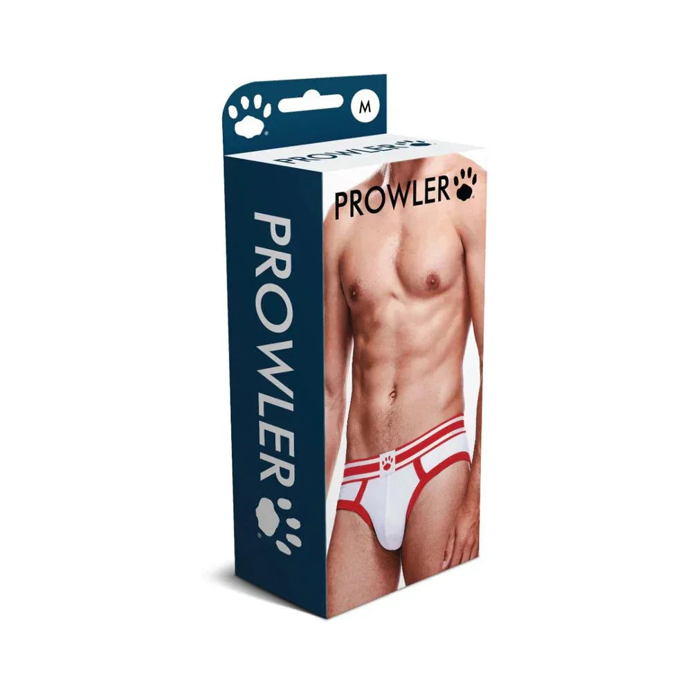 Prowler Briefs Performance Underwear for men in white and red, breathable and moisture-wicking fabric with contoured pouch and elastic waistband, visible on product packaging.
