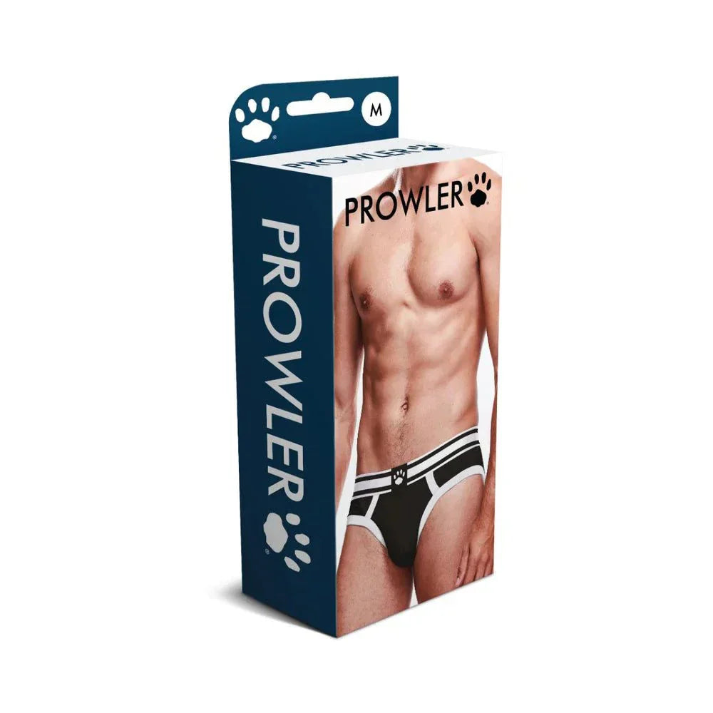 Prowler Briefs Performance Underwear for Men in black with white accents packaging showing modern fit and support.