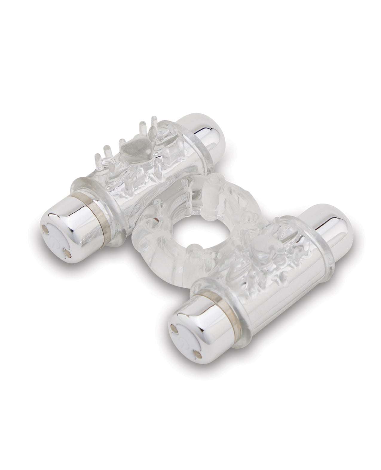 Clear Nu Sensuelle Double Action Cockring with dual 7-function bullet vibes and stretchy SEBS material