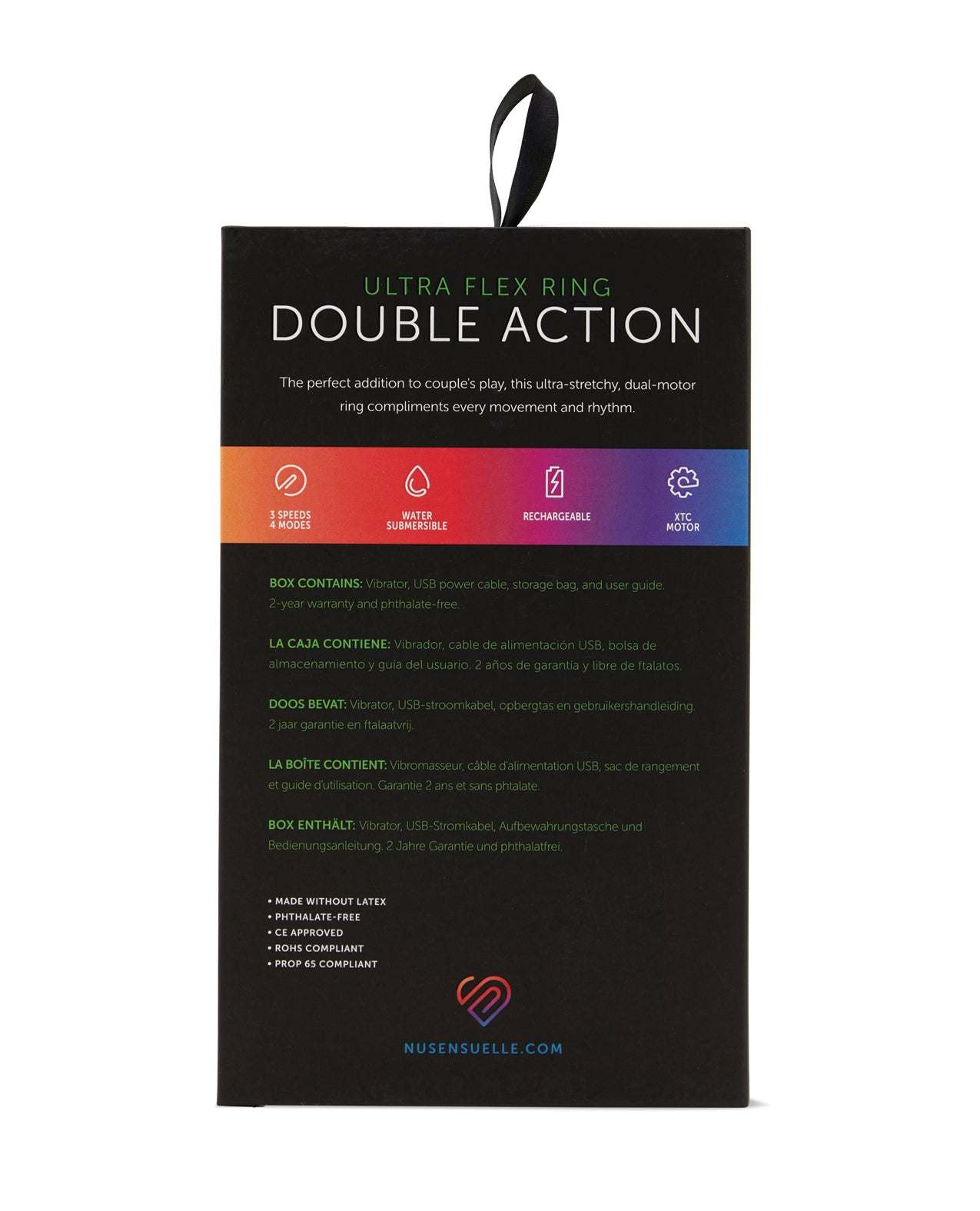 Nu Sensuelle Double Action Cockring with dual 7-function bullet vibes, ultra-flex stretchy ring, waterproof and USB rechargeable.