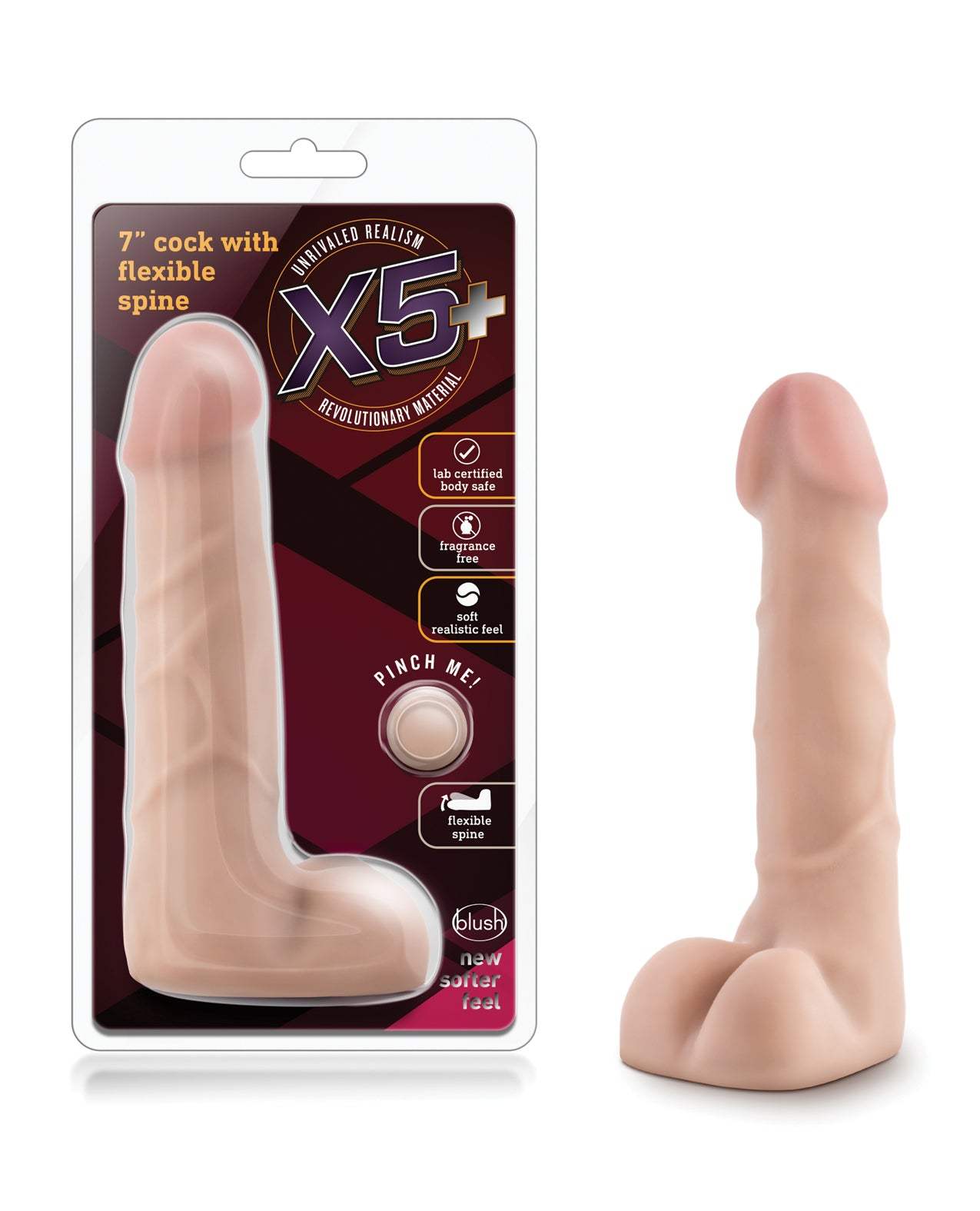 Blush X5 Plus 7 inch realistic dildo with flexible spine and veined shaft in flesh tone