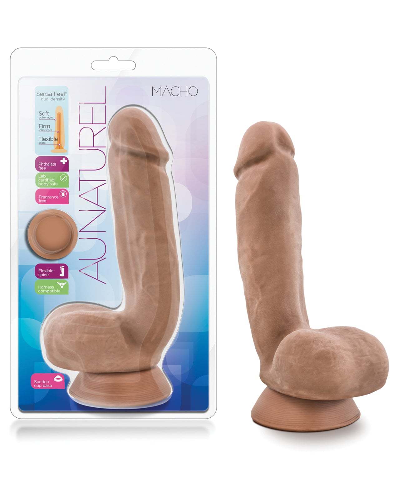 Blush Au Naturel Macho Dong with suction cup, dual density, realistic veiny shaft, skin-safe TPE material, harness compatible adult toy.