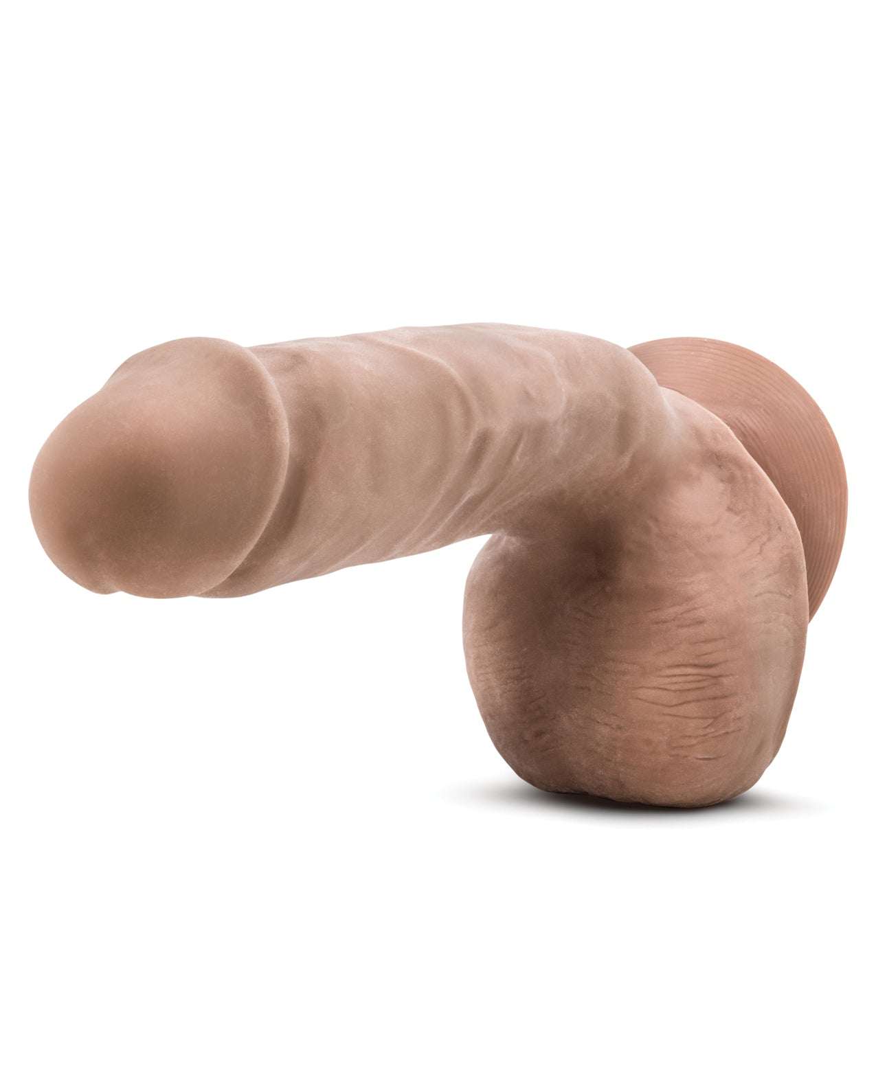 Blush Au Naturel Macho Dong with dual density, veiny shaft, plush balls, and suction cup base for harness compatibility and solo play.