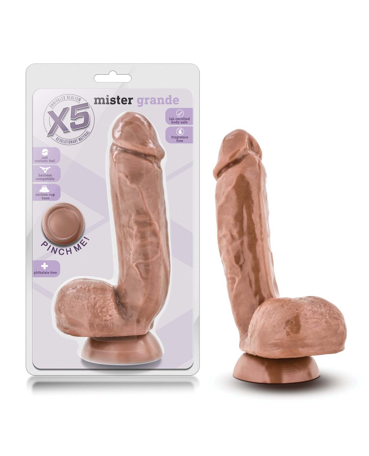 Blush X5 Mister Grande realistic dildo with suction cup in flesh tone, flexible shaft and textured balls for G-spot and prostate stimulation.