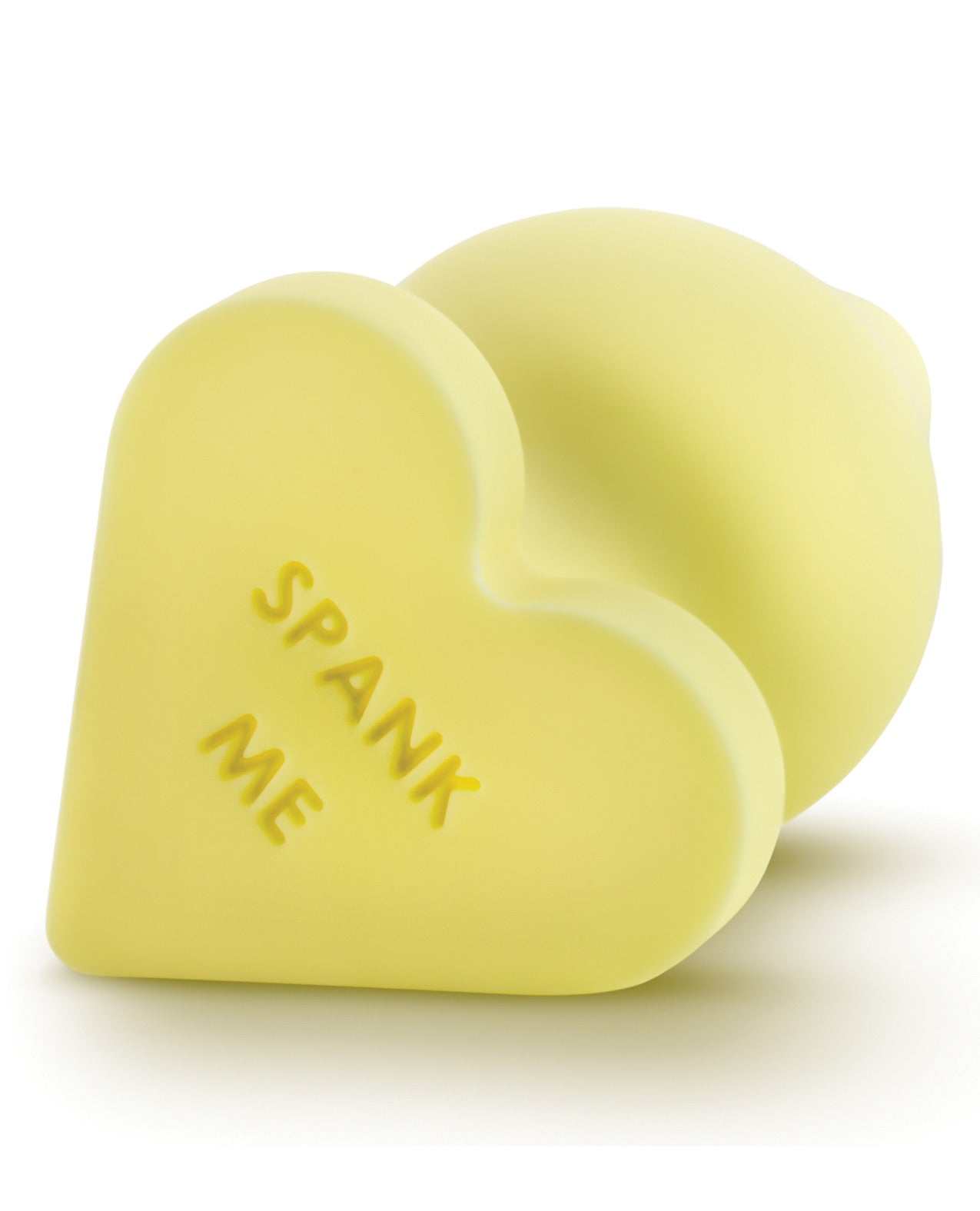 Blush Play With Me yellow heart-shaped silicone spank me butt plug with embossed text