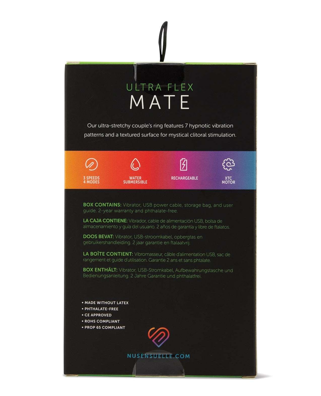 Nu Sensuelle Mate Ultra Bullet clear cockring with 7 vibration functions, USB rechargeable, waterproof, stretchy SEBS material for couple's pleasure